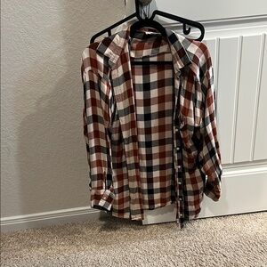 Plaid Button-Up Shirt in Red, Black, and White